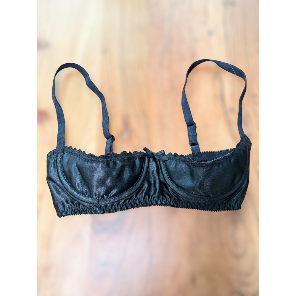 Vintage Empire Intimates Black Satin Balconette Bra Underwire Lace Trim 36 4116